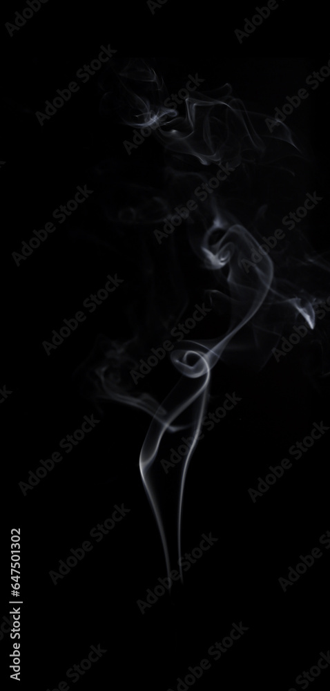 Abstract white smoke swirls on black background.