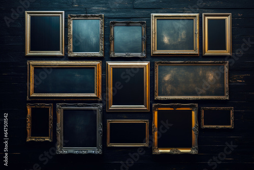 Many empty gold picture frames in different sizes hanging on a vintage wall, blank frame background
