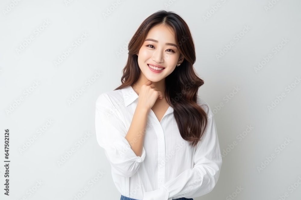 Portrait of an Asian woman with white wall background.