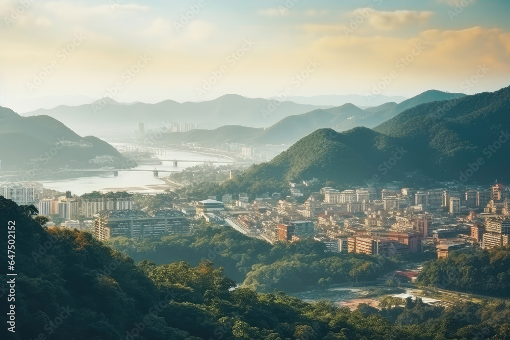 A picturesque cityscape with majestic mountains in the backdrop
