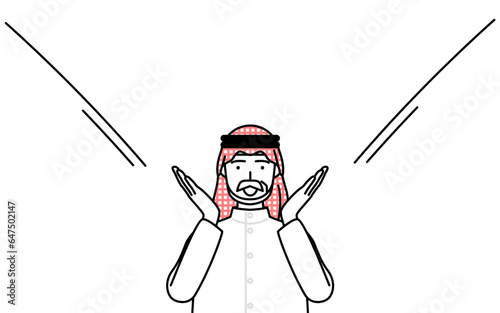 口に手を当てて呼び込みをするイスラムのシニア男性