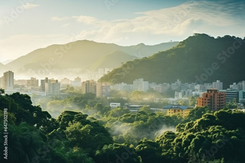 A breathtaking cityscape with majestic mountains in the distance