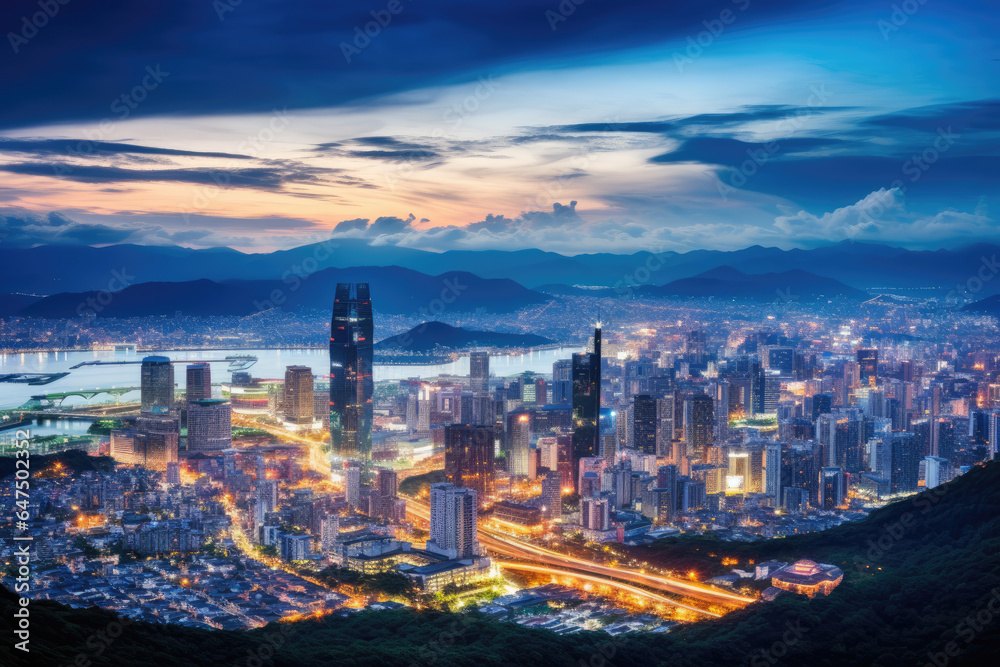 Obraz premium A vibrant cityscape illuminated by a sea of lights at night