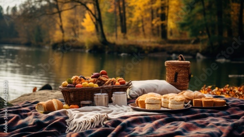Autumn picnic basket beside a calm lake, with a blanket covered in fresh food, a woven basket, and the golden foliage reflecting in the water.