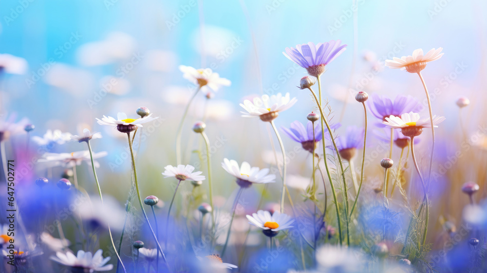 Landscape of beautiful wildflowers in cool blue colors