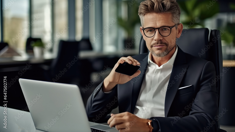 Businessman working with laptop computer and phone in modern office. Businessman working with laptop computer and phone in modern office.