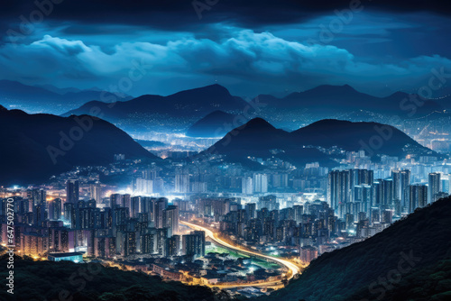 A cityscape with majestic mountains in the backdrop at night