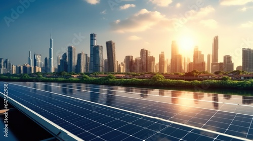 Solar panels with a city background, Clean energy, Environments sustainable and eco friendly future concept. © visoot