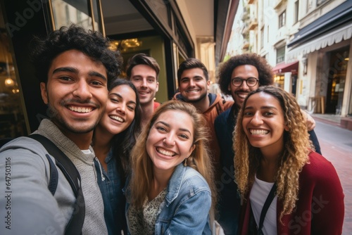 Group of Multi-ethnics college students friends at the downtown street. Photography of friendship in urban street in town background.