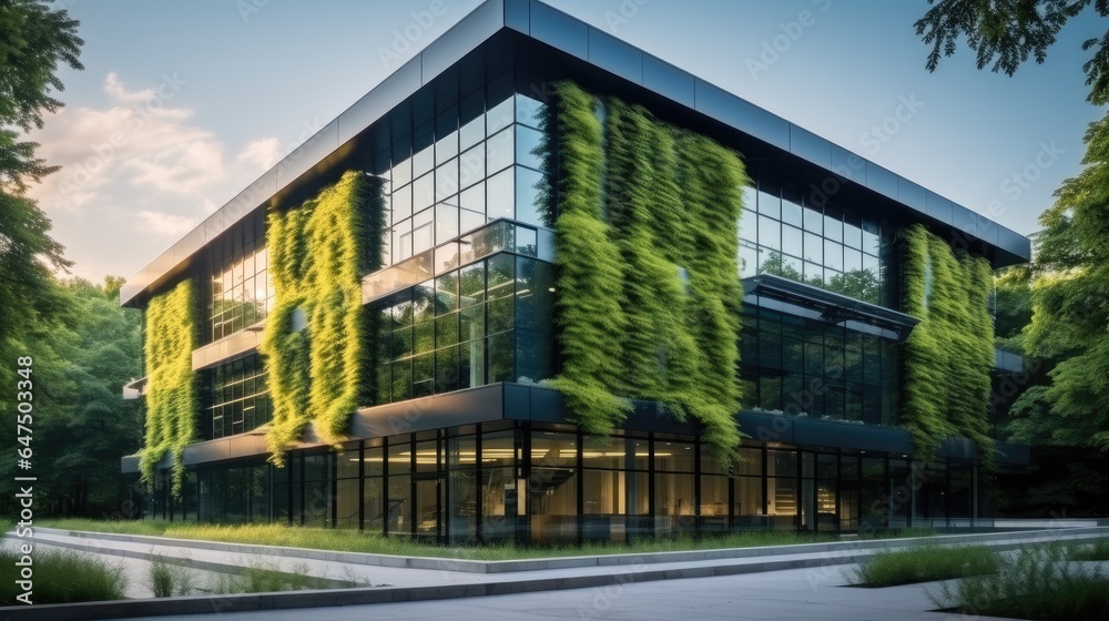 Obraz premium Sustainable glass office building with tree for reducing carbon dioxide, Office building with green environment.