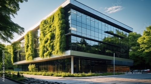 Sustainable glass office building with tree for reducing carbon dioxide, Office building with green environment.