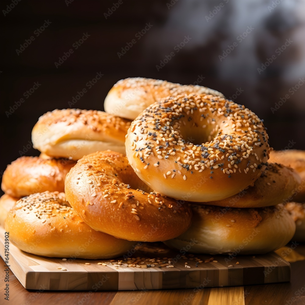 Freshly baked bagels, adorned with sesame and poppy seeds, ready to be toasted and paired with cream cheese for a wholesome breakfast or brunch. Freshly baked bagels, adorned with sesame and poppy seeds, ready to be toasted and paired with cream cheese for a wholesome breakfast or brunch.
