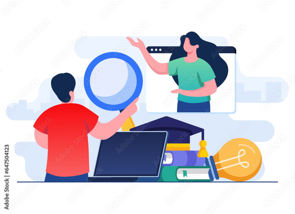 Online education flat vector illustration, Remote education, e-learning, online course, online webinar, video tutorial, Distant learning