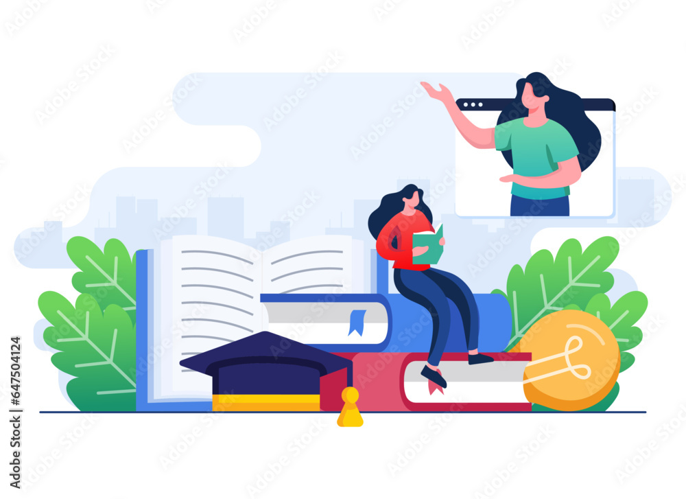 Female student learning online scene flat illustration vector template, Remote education, e-learning, online course, online webinar, video tutorial, Distant learning Female student learning online scene flat illustration vector template, Remote education, e-learning, online course, online webinar, video tutorial, Distant learning