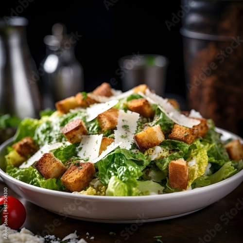  Caesar salad, featuring crisp Romaine lettuce, crunchy croutons, and a drizzle of Caesar dressing, garnished with Parmesan and anchovies, creating a fresh, tasty, and nutritious appetizer that pays h