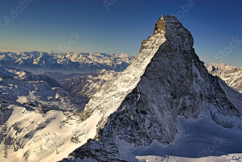 View of the iconic Matterhorn and surrounding mountains in the Alps; Zermatt, Switzerland