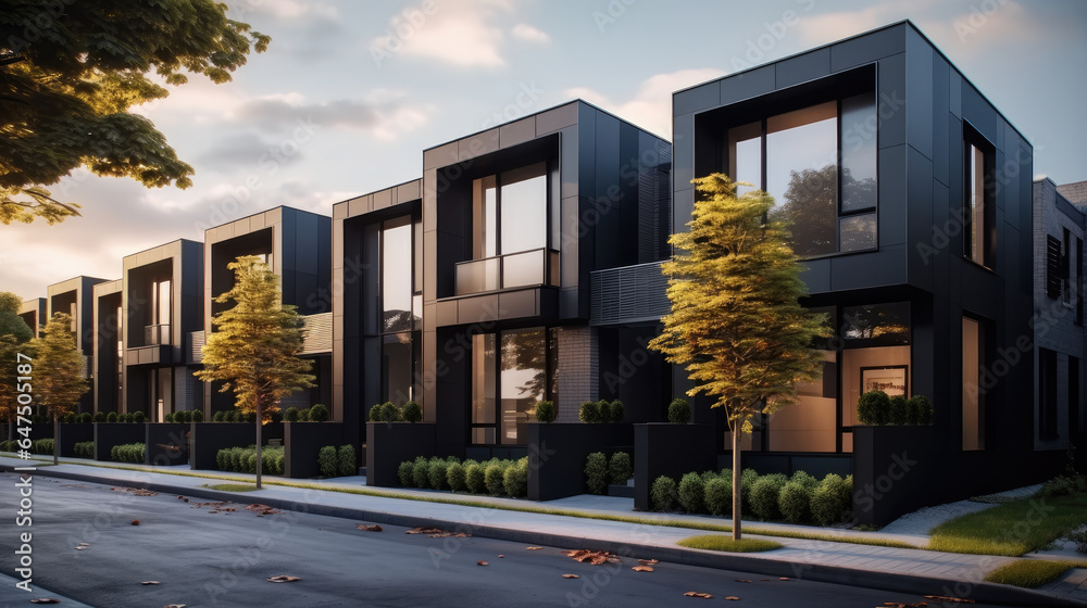 Modern modular private black townhouses in city.
