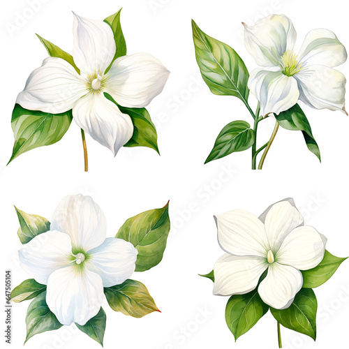 Set Of Watercolor White Trillium Flower Isolated on Transparent Background