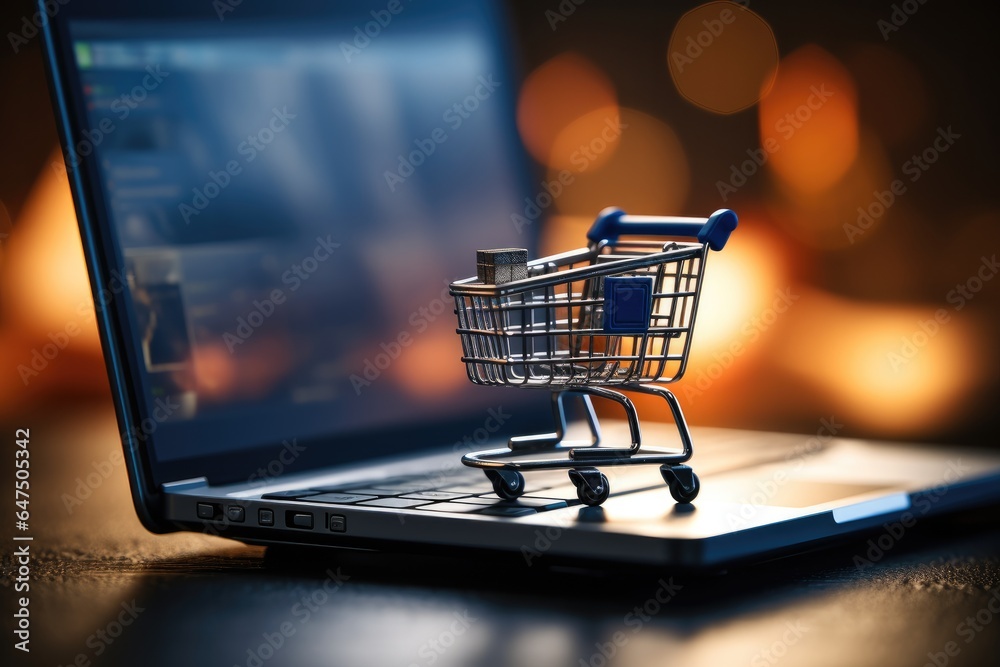 Online shopping concept with miniature shopping cart standing on laptop.