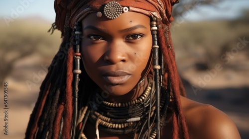 Portrait of a woman dressed in traditional style in Africa.