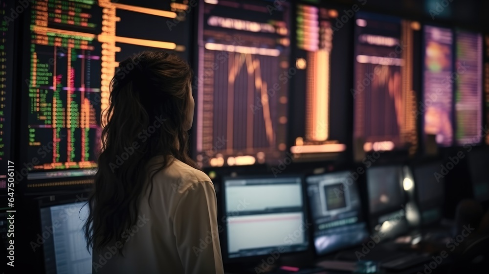 Fototapeta premium Businesswoman checking stock market in downtown financial district, Financial graph chart global recession bump dump risk management.
