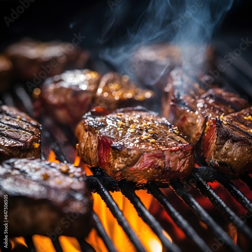 Juicy meat sizzling on the barbecue, adorned with flavorful seasoning and enticing charred marks, offering a mouthwatering outdoor culinary experience.