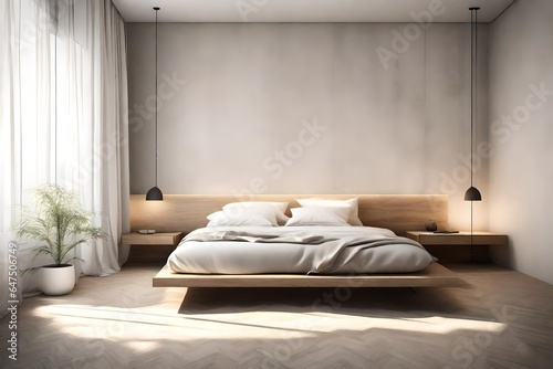 Render a minimalist bedroom with a low-profile bed, neutral color palette, and soft, diffused lighting. photo