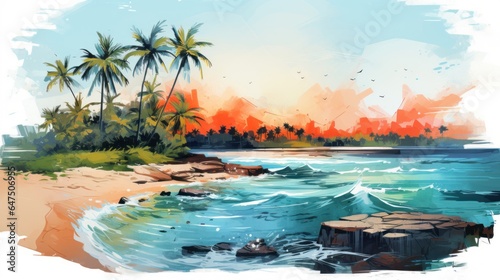Summer vacation travel illustration - watercolor painting of palm tree Palm trees on the beach with the ocean sea