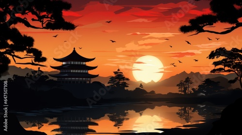 Silhouette temple sunset background. © sirisakboakaew