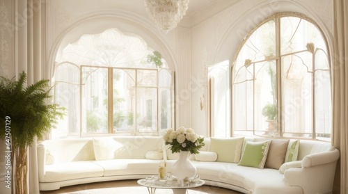 The interior design of the living room with a white sofa and green pillows.