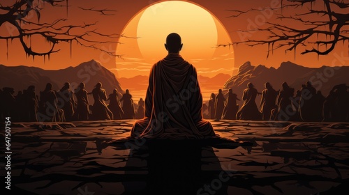 The Lord of the Buddha mediated with a crowd of shadow-style monks.