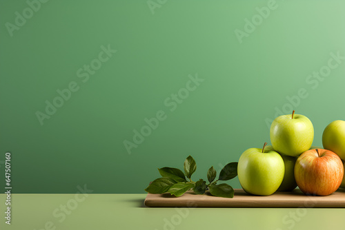 green apple on wood table background