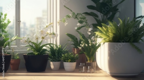Plants in pots on the windowsill. Concept of interior design.