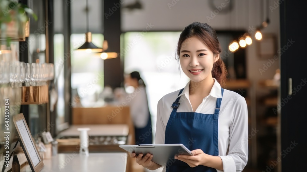 Asian small business owner stand with tablet on front of coffee shop restaurant, SME entrepreneur seller business SME concept. Asian small business owner stand with tablet on front of coffee shop restaurant, SME entrepreneur seller business SME concept.