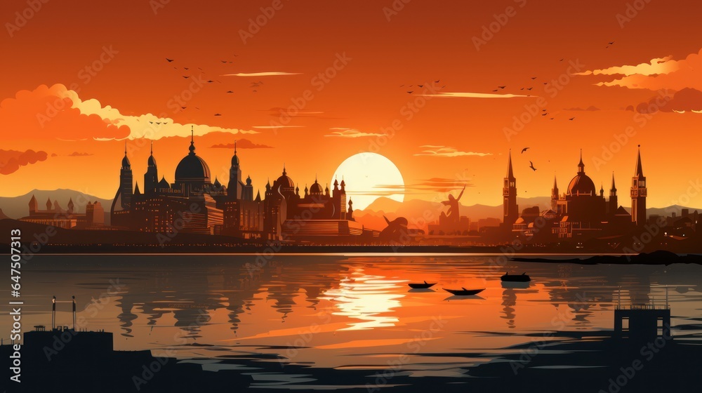 world famous landmark silhouette style with row design on sunset time, vector illustration