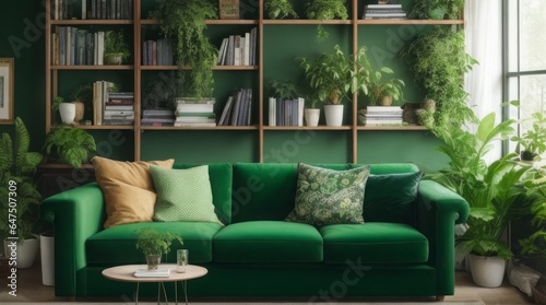 Interior of living room with green sofa, bookshelf, and plants