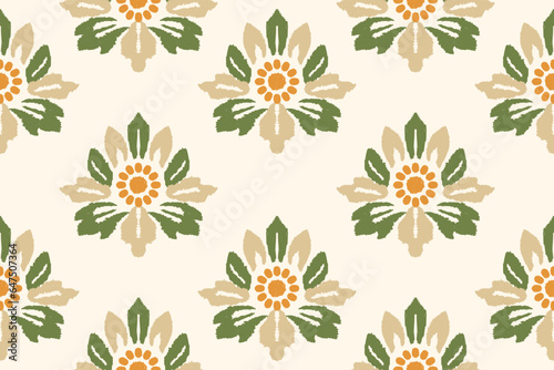 Embroidery of paisley flowers Ikat on a light yellow background. Traditional Ikat tribal pattern. Aztec abstract vector illustration. Seamless pattern in tribal, folk embroidery and Mexican style.