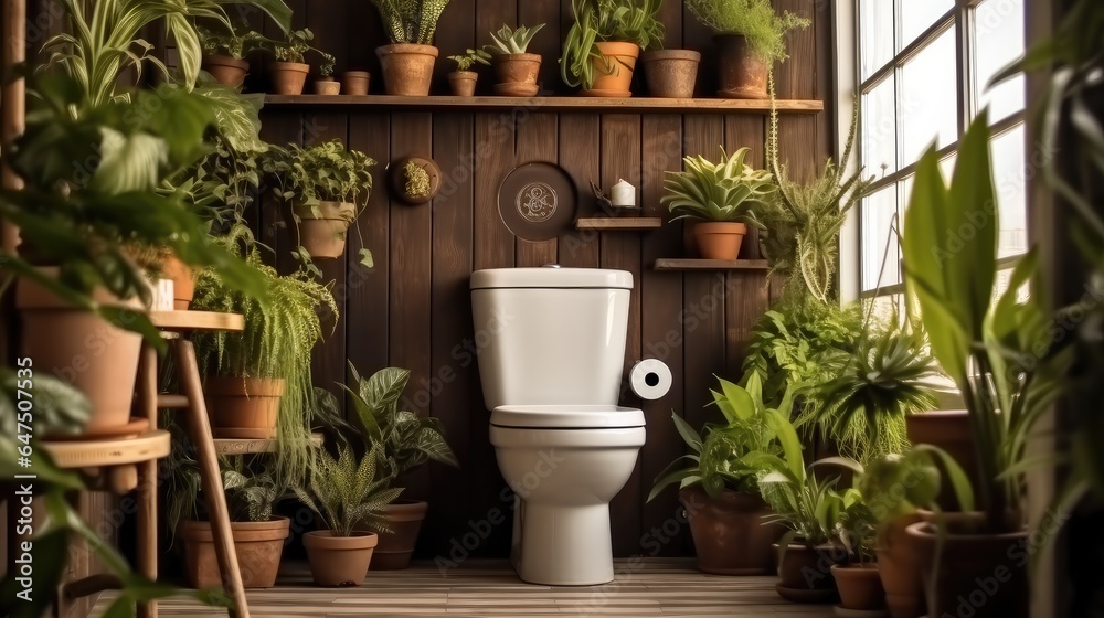 Toilet situated next to a wood wall with Various attractive indoor plants inside a room.