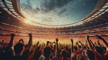 Fans on stadium game and audiences people celebration with spotlight colorful lighting background inside soccer stadium.