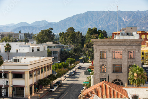 Afternoon sunlight shines on the historic buildings of the downtown skyline in Pasadena, California, USA. photo