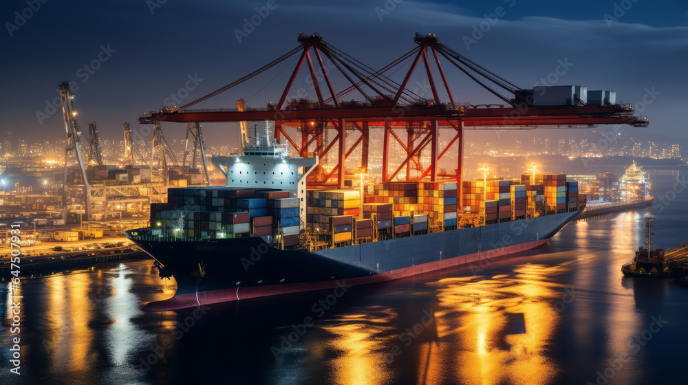 Loading and unloading of cargo ships, lifting of containers, and logistics support for global trade can be seen at a busy seaport Loading and unloading of cargo ships, lifting of containers, and logistics support for global trade can be seen at a busy seaport