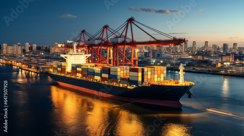 Loading and unloading of cargo ships, lifting of containers, and logistics support for global trade can be seen at a busy seaport