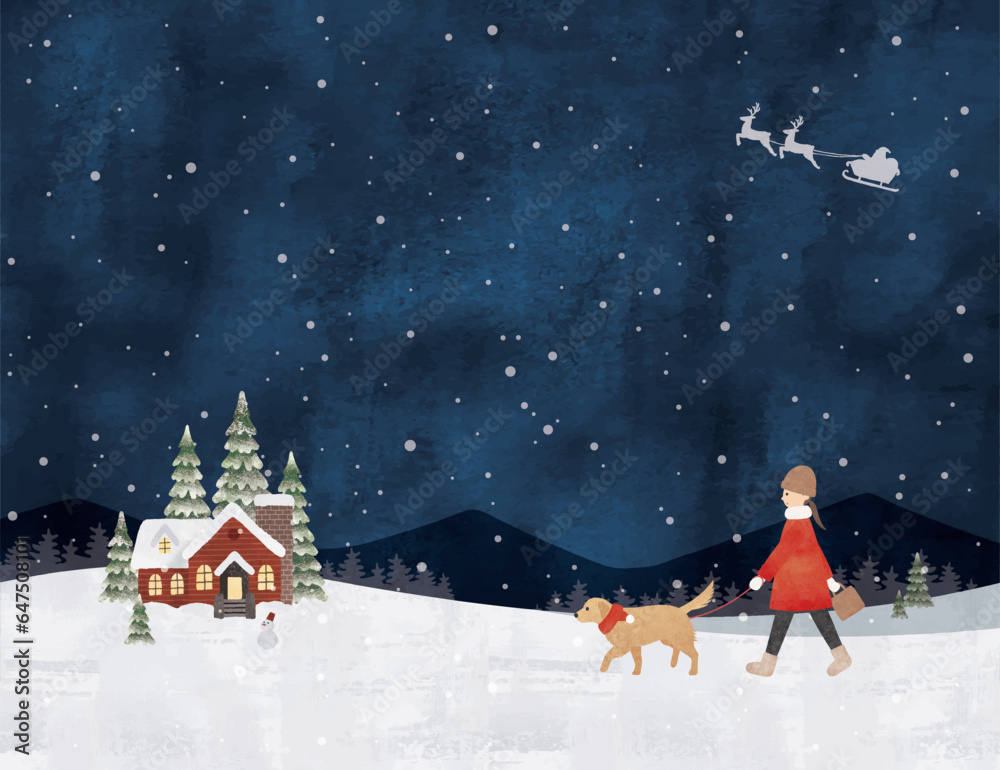 Fototapeta premium 夜の雪のクリスマスに犬の散歩をする女性水彩画