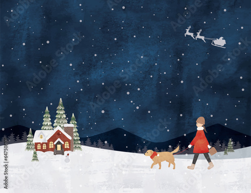 夜の雪のクリスマスに犬の散歩をする女性水彩画