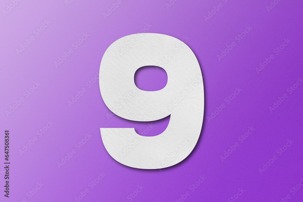 White paper font number 9 isolated on purple background. White paper font number 9 isolated on purple background.