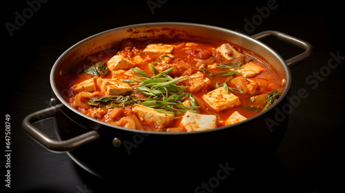 Kimchi sundubu jjigae: A bubbling, red-hot Korean stew filled with soft tofu, spicy kimchi, and aromatic seasonings, delivering bold flavors and warmth.