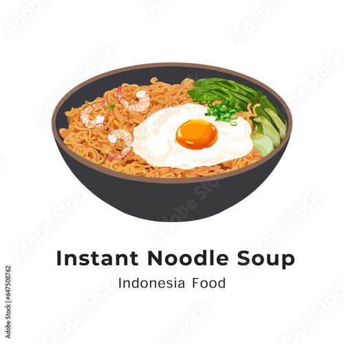 Spicy Instant noodle soup with pokcoy topping, sunny side up eggs, shrimps and chopped green onions. Indonesian Food. Hand drawn watercolor vector illustration photo