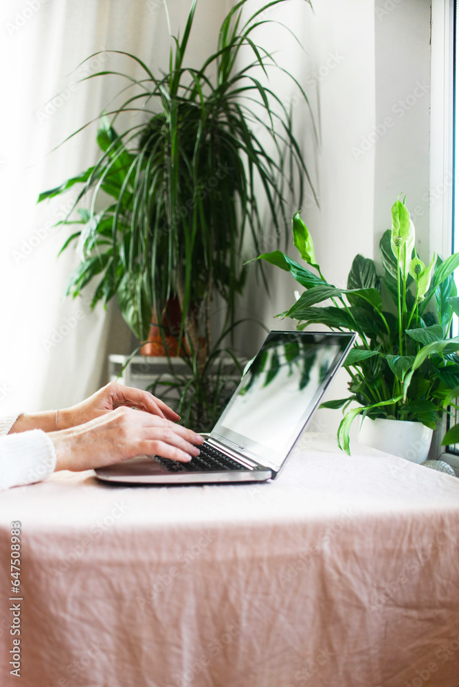 hands of a young girl who works on a laptop while staying at home during an epidemic among the home garden hands of a young girl who works on a laptop while staying at home during an epidemic among the home garden