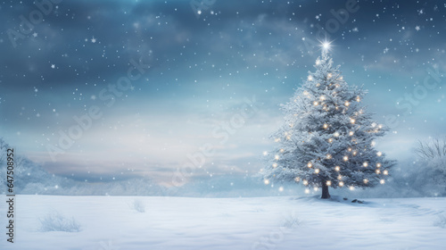 White snowy christmas tree with lights in winter landscape © Vivid Pixels