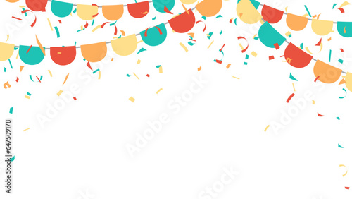 banner, template and poster with retro hanging flag garland and confetti for party, birthday, holiday, carnival and celebration